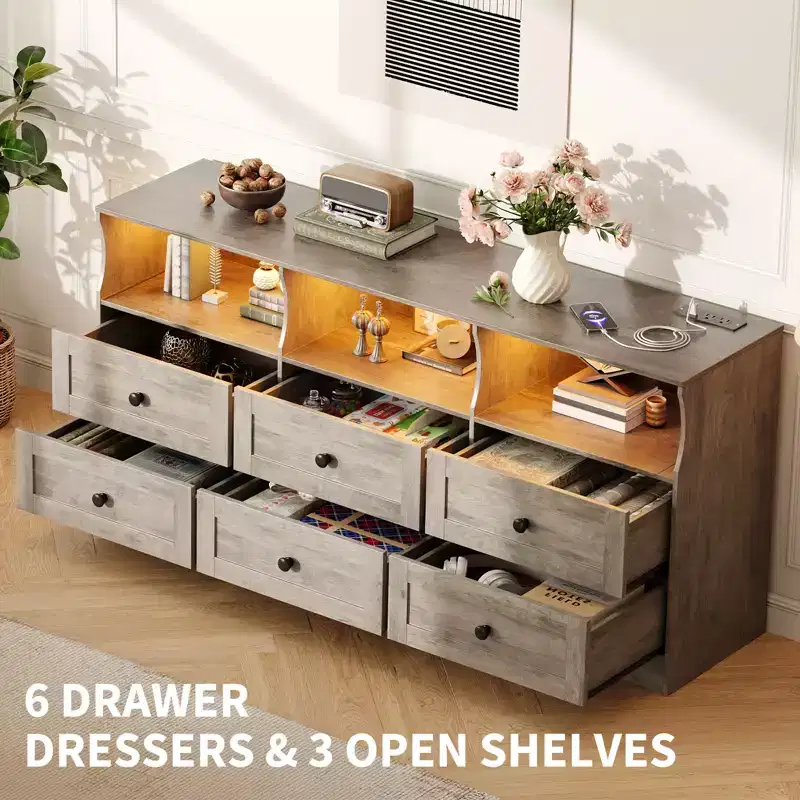 Wood 6-Drawer Dresser TV Stand with Power Outlet & Open Shelves 63''W