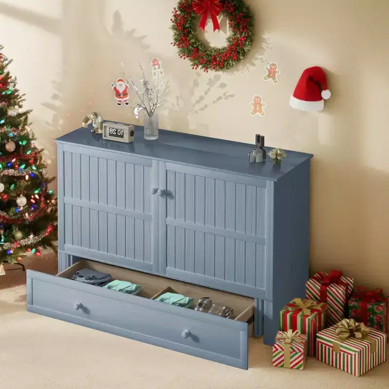 Queen Size Murphy Bed Cabinet with USB Charging, Storage Drawer & Mattress