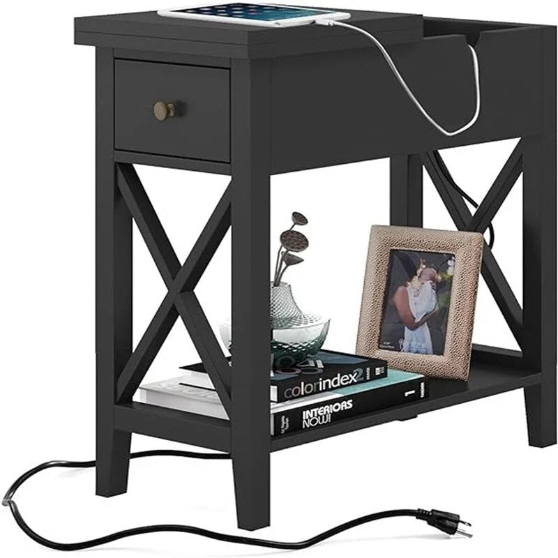 Narrow End Table with Flip Top Drawer and Charging Station