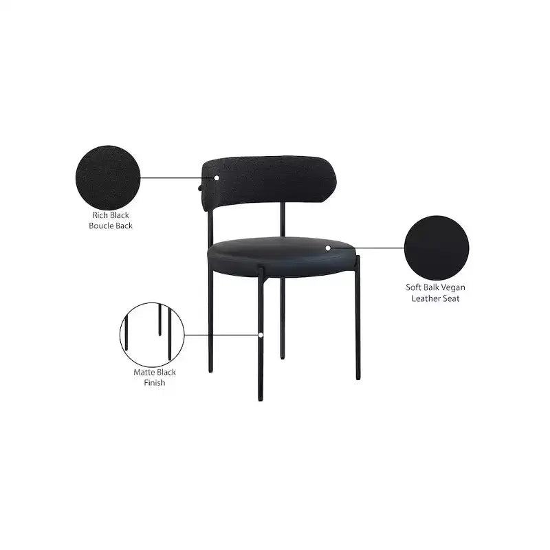 Vegan Leather and Boucle Fabric Dining Chair, Black