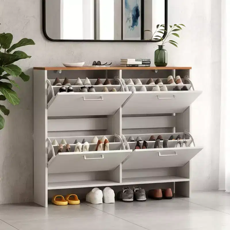 42 W 4-Flip Drawer Flat Top Shoe Cabinet with Silver Metal Handles