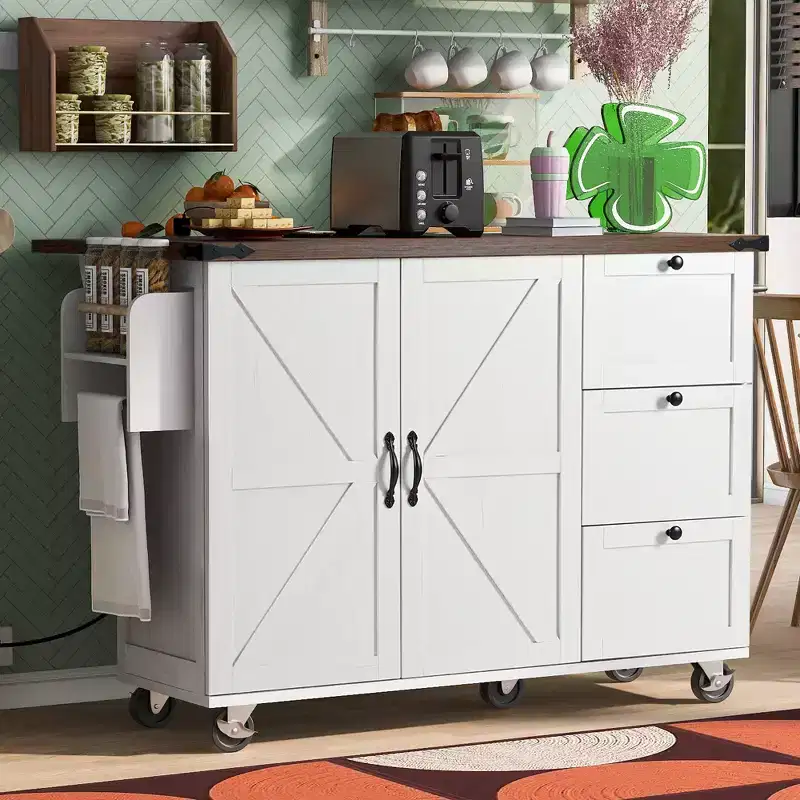 Whisen Farmhouse Style Kitchen Cart Island with Drop Leaf and Locking Wheels