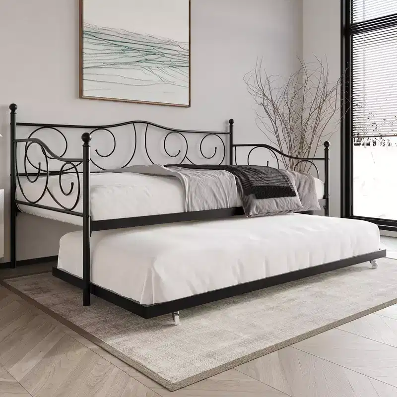 Metal Daybed with Trundle, Contemporary Design with Finial Detailing
