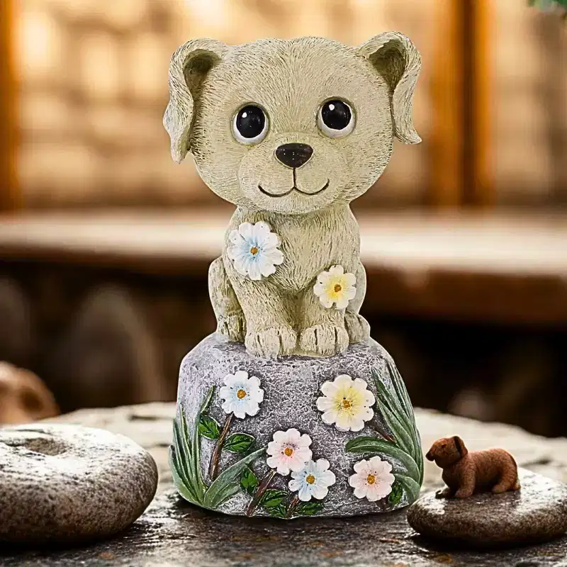 Roman 7.5 Inch Dog On Stone Figurine Summer Figurine , Summer Decor Puppy Spring Summer Flowers (1PC)