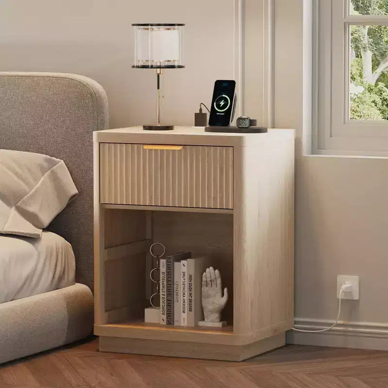 Fluted Nightstand with Charging Station and Drawers