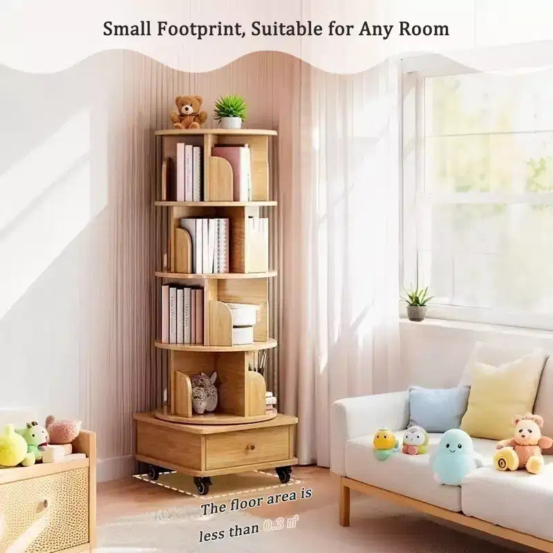 5-Tier 360�� Rotating Bookshelf Tower, Natural Wood