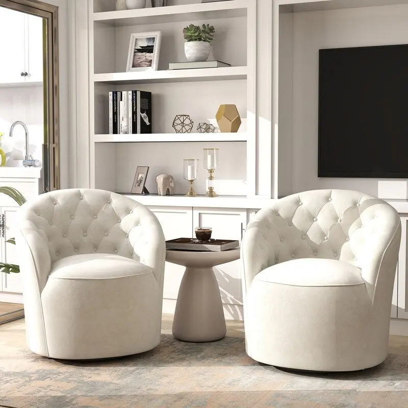 SEYNAR Modern Velvet Upholstered 360 Degree Swivel Barrel Chair with Button Tufted Back Set of 2