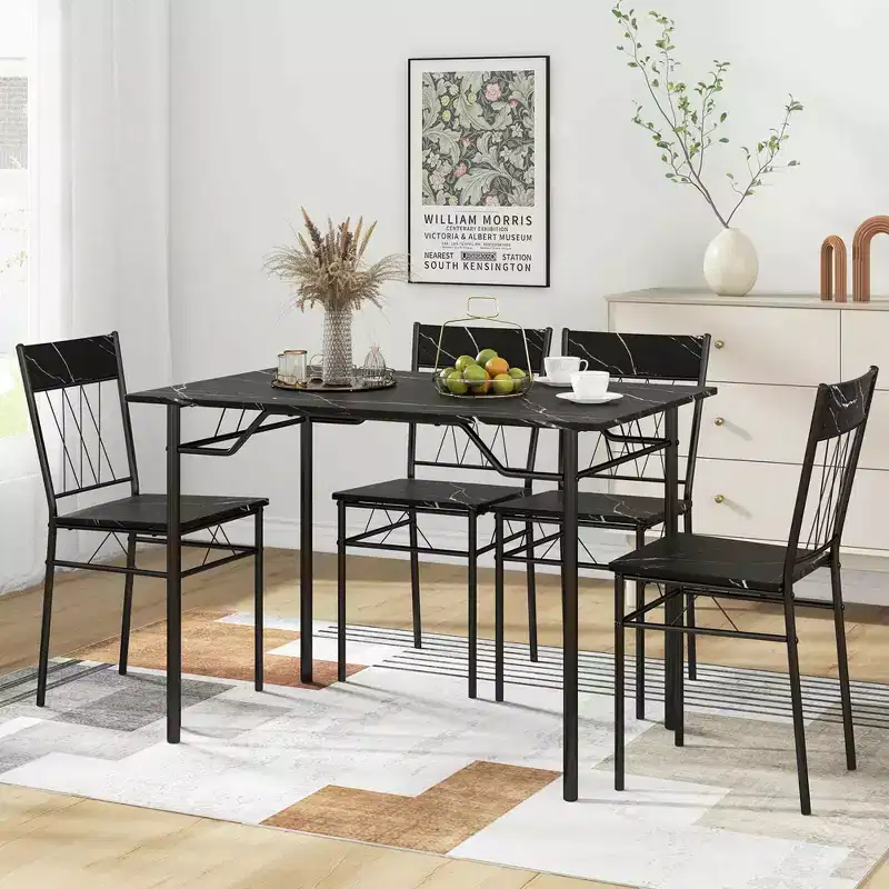 Costway 5PCS Dining Table Set for 4 Rectangular Kitchen Table & 4 Chairs with Metal Frame Cement Gray/Black