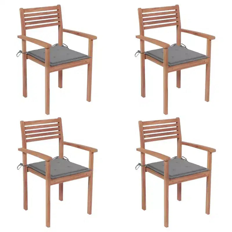 vidaXL Outdoor Patio Chairs, Set of 4, Includes Gray Cushions, Made of Durable Solid Teak Hard Wood, Stackable Design, Versatile for Home or Cafe Use