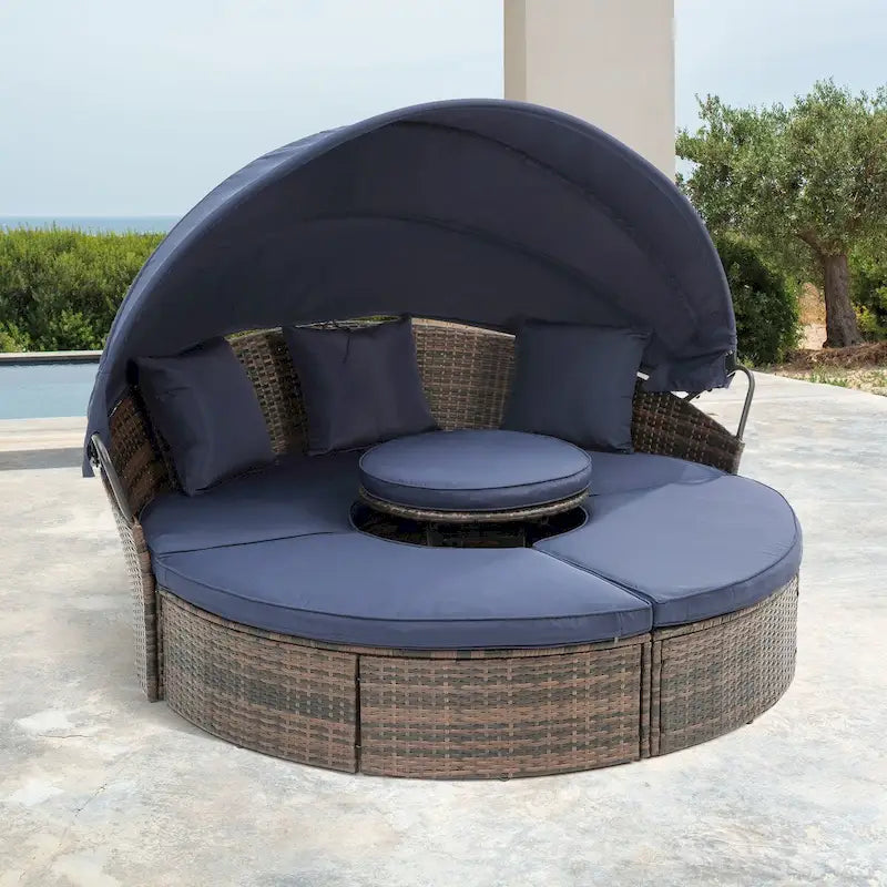 Patio 5-Piece Round Rattan Sectional Sofa Set, with Canopy Bali Canopy Bed Outdoor, Wicker Outdoor Sofa Bed with Coffee Table