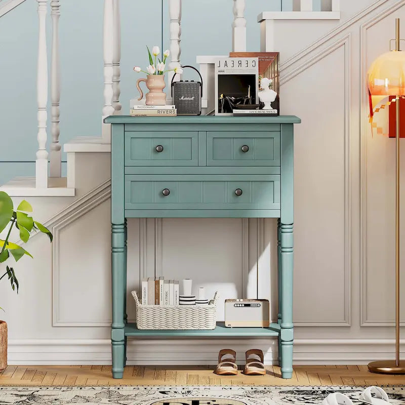 Narrow Console Table with Drawers and Bottom Shelf
