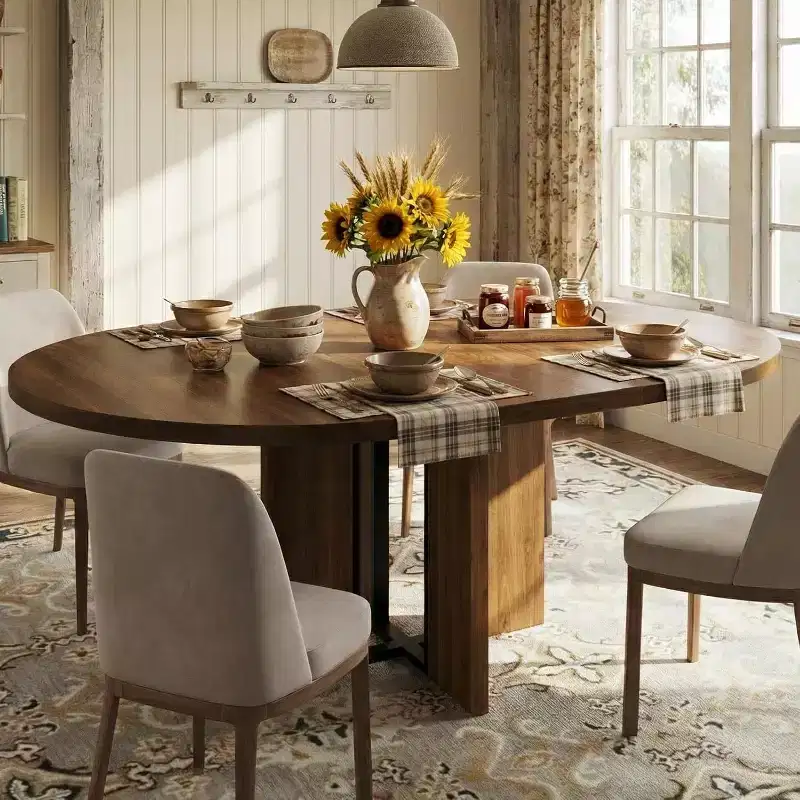 47-63 Extendable Round Dining Table for 4-8, Farmhouse Wood Expandable Kitchen Table with Metal Frame, Oval Space Saving for Apartment, Retro Gray