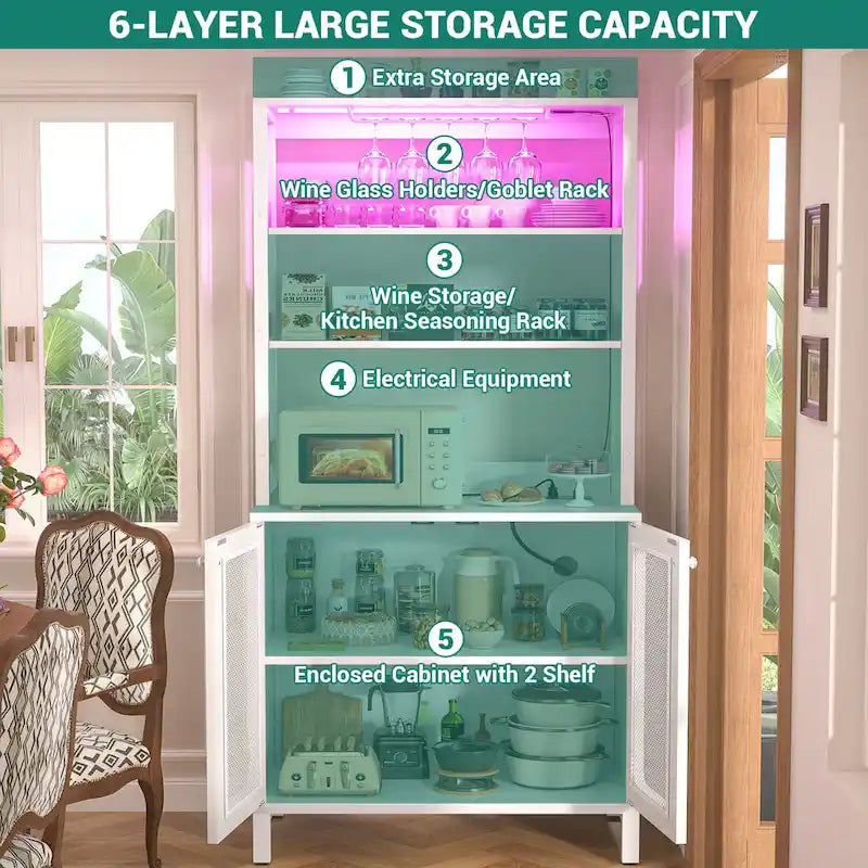 67-Inch Tall Wine Bar Cabinet with LED Lights, Glass Holder and Power Outlets