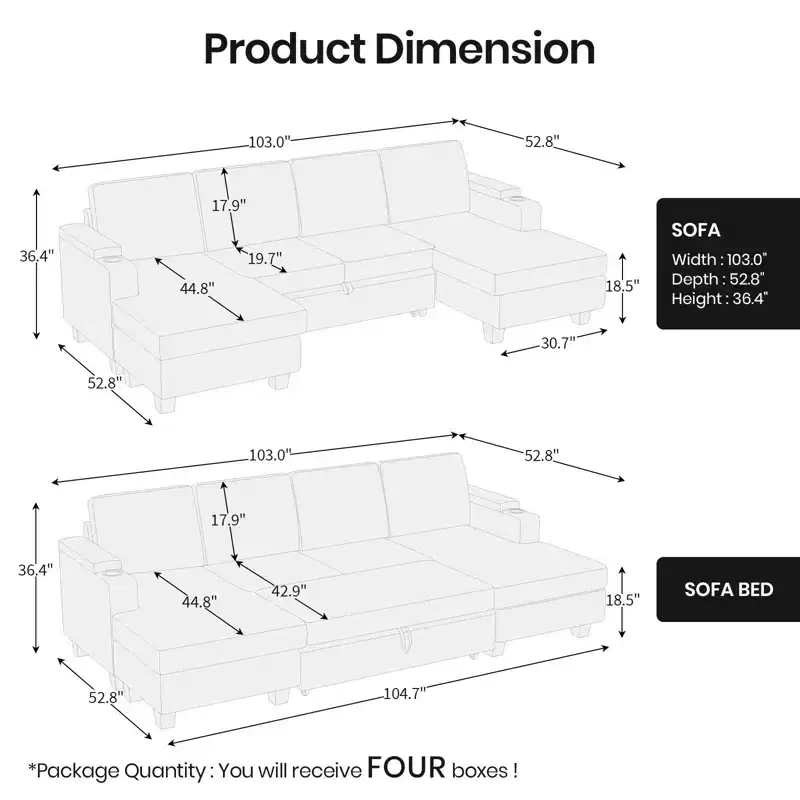 Belffin U-Shaped 6-Seater Sleeper Sectional - Modular Chenille Couch with Pull-Out Bed & Dual Storage Chaise