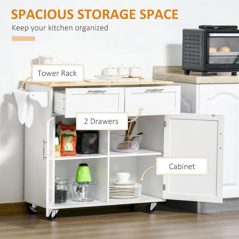 White Rolling Kitchen Island Cart with Drawers Cabinet and Towel Rack
