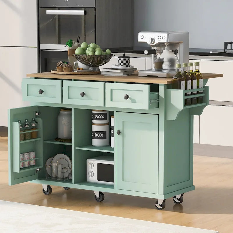 White Rolling Kitchen Island Cart with 5 Wheels Drop Leaf Rubberwood Top 3 Drawers and Spice Rack