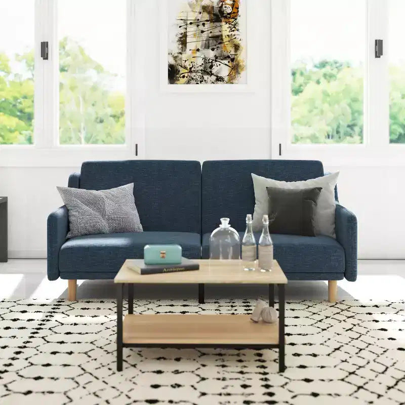Emma and Oliver Plush Padded Upholstered Split Back Sofa Futon with Smooth Curved Removable Arms and Wooden Legs