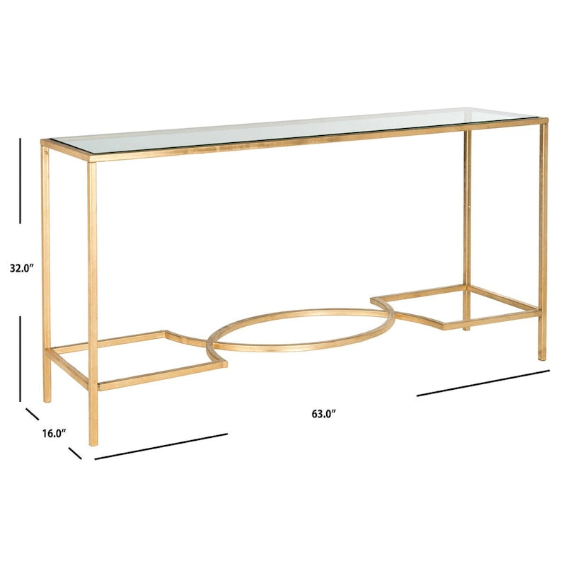 Gold Tempered Glass Console Table with Curved Iron Frame