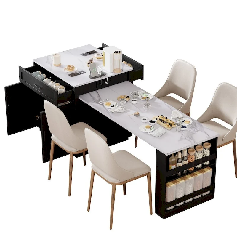 82.7 Wooden 4-6 Person Kitchen Island with Extendable Dining Table and Double-sized Storage
