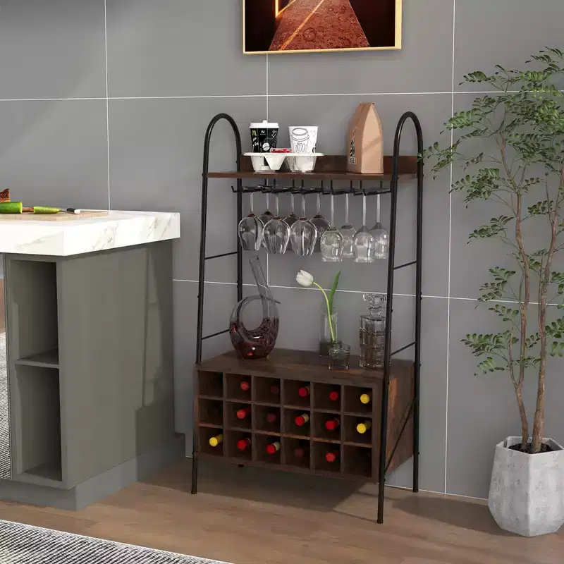 Costway Industrial Rack Freestanding Bottle Holder with Stemware Holder & Open Shelves