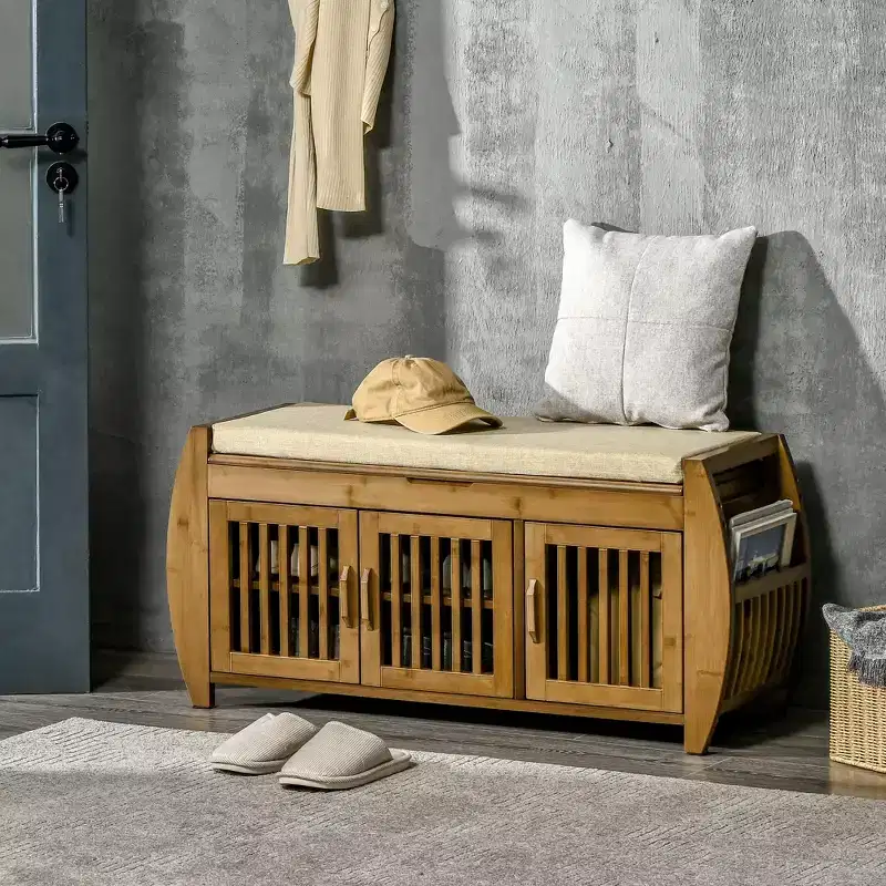 HOMCOM Shoe Bench with Storage Cabinets, Bamboo Entryway Bench with Seating Cushion, 3 Doors, Side Rack and Hidden Compartment for Hallway, Brown