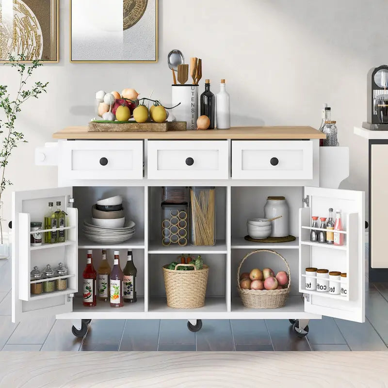 White Rolling Kitchen Island Cart with 5 Wheels Drop Leaf Rubberwood Top 3 Drawers and Spice Rack