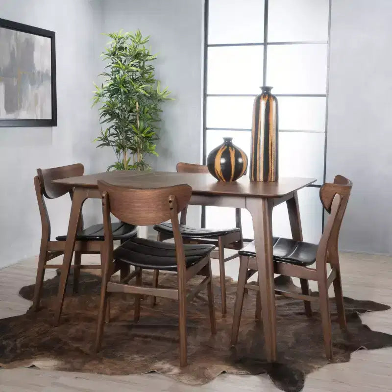 Imwalle Mid Century Modern Faux Leather Upholstered 5 Piece Dining Set, Walnut and Dark Brown