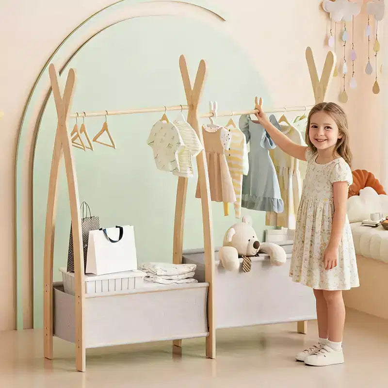 BALHAM TRADE-Girls Clothing Rack Double Hanging Rod 2 Tier Storage Shelves Two Storage Boxes