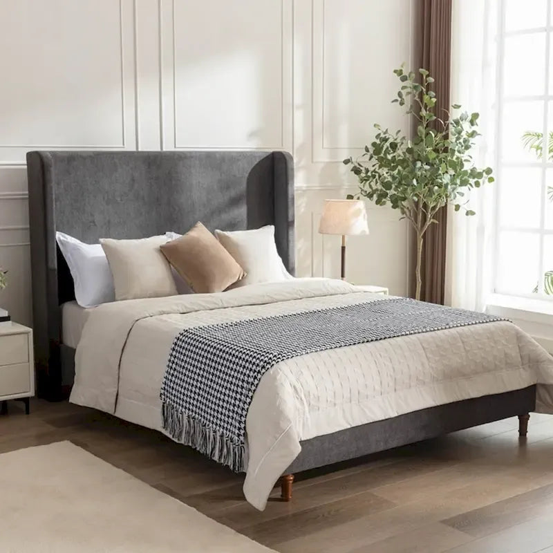 Tall Wingback Boucle Upholstered Bed Frame with Wooden Slat Base