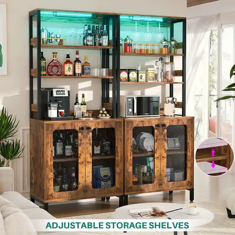 67-Inch Tall Wine Bar Cabinet with LED Lights, Glass Holder and Power Outlets