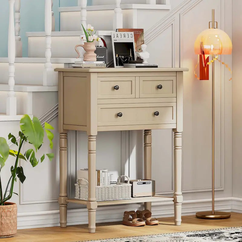 Narrow Console Table with Drawers and Bottom Shelf
