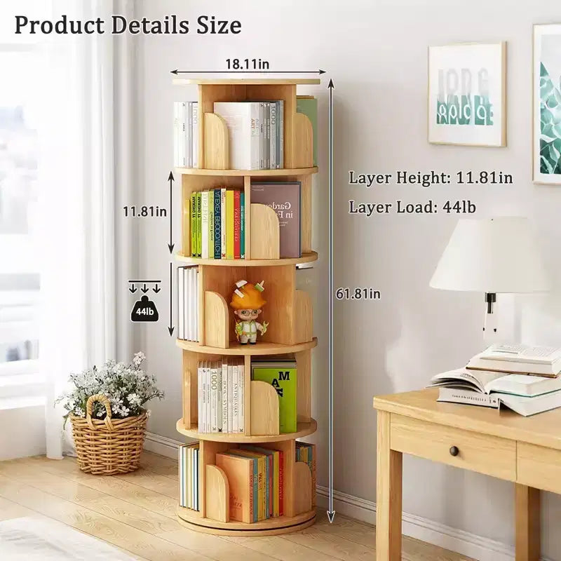 5-Tier 360�� Rotating Bookshelf Tower, Natural Wood
