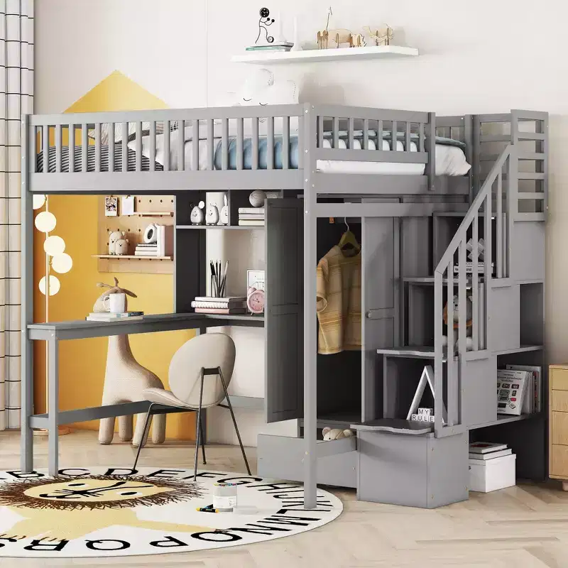 94.4''L 57''W Full Size Wood Loft Bed with Bookshelf, Drawers, Desk and Wardrobe, Sturdy construction & Unique design