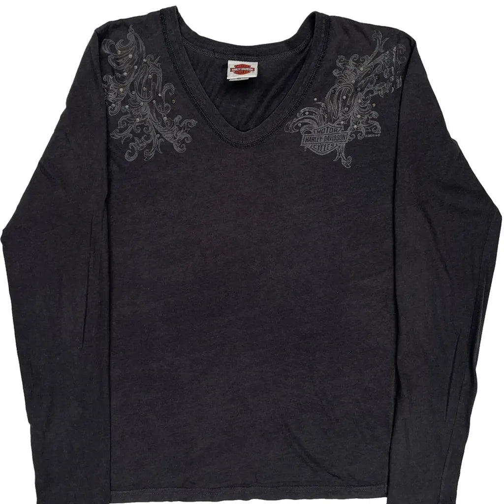 Graphic Long Sleeve T-Shirt XL Black Cotton Women's V-Neck Regular Fit