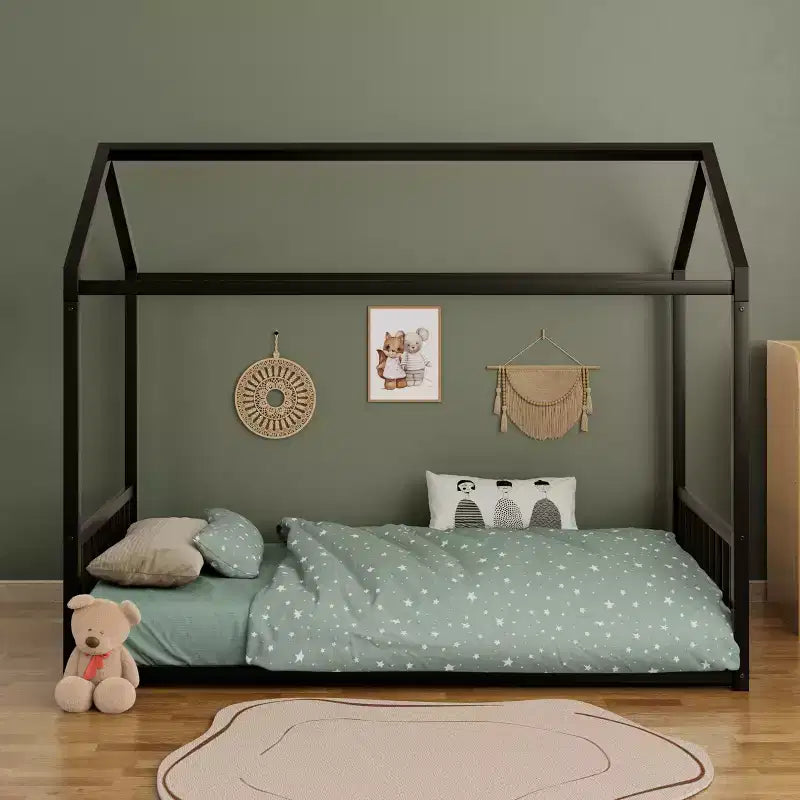 Twin Size Metal Floor Bed Frame with House Shape and Guardrails