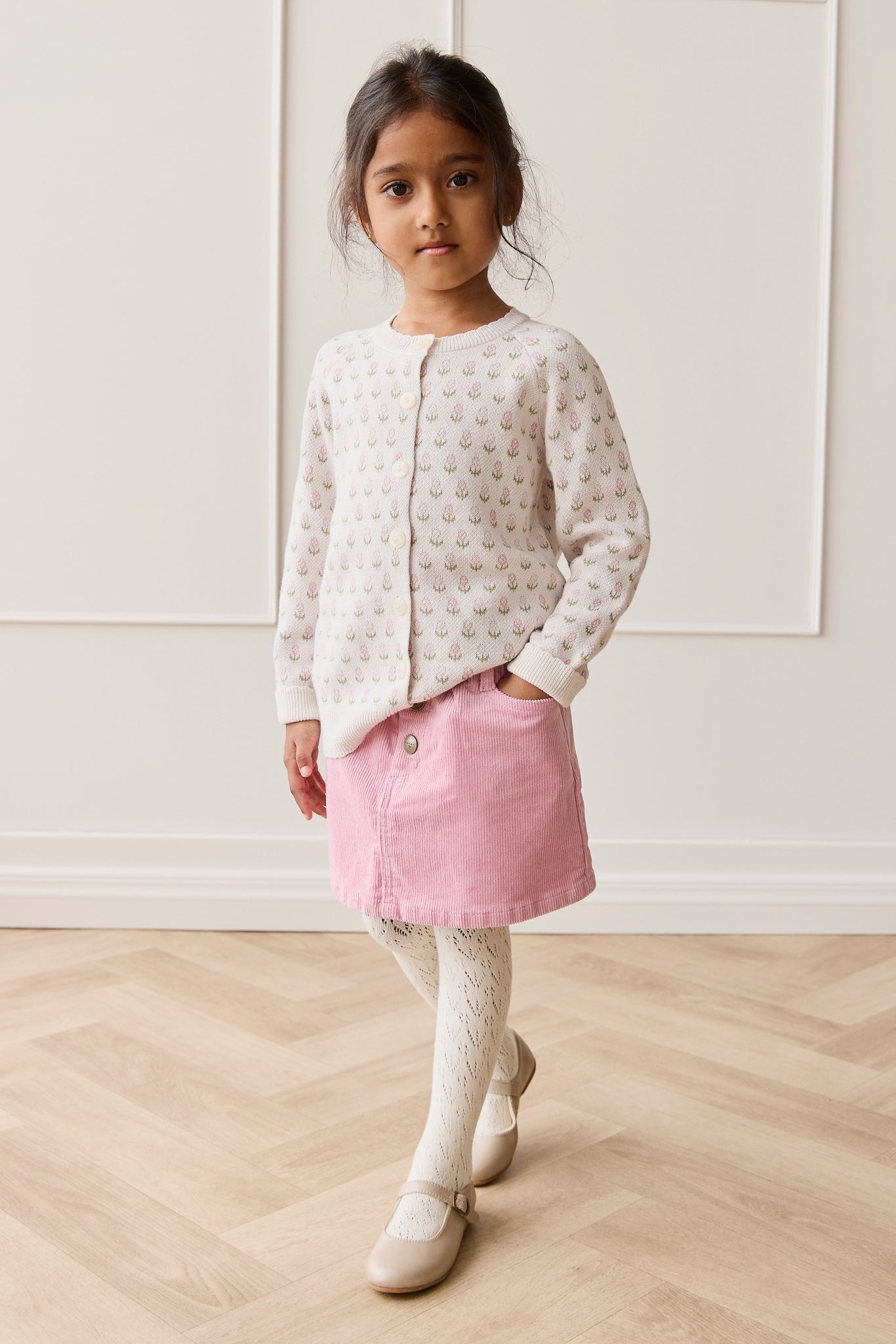 Floral Dahlia Multi-Color Print Cotton-Elastane Skirt with Elasticated Waistband for Girls Everyday Spring-Summer (1Y�C10Y)