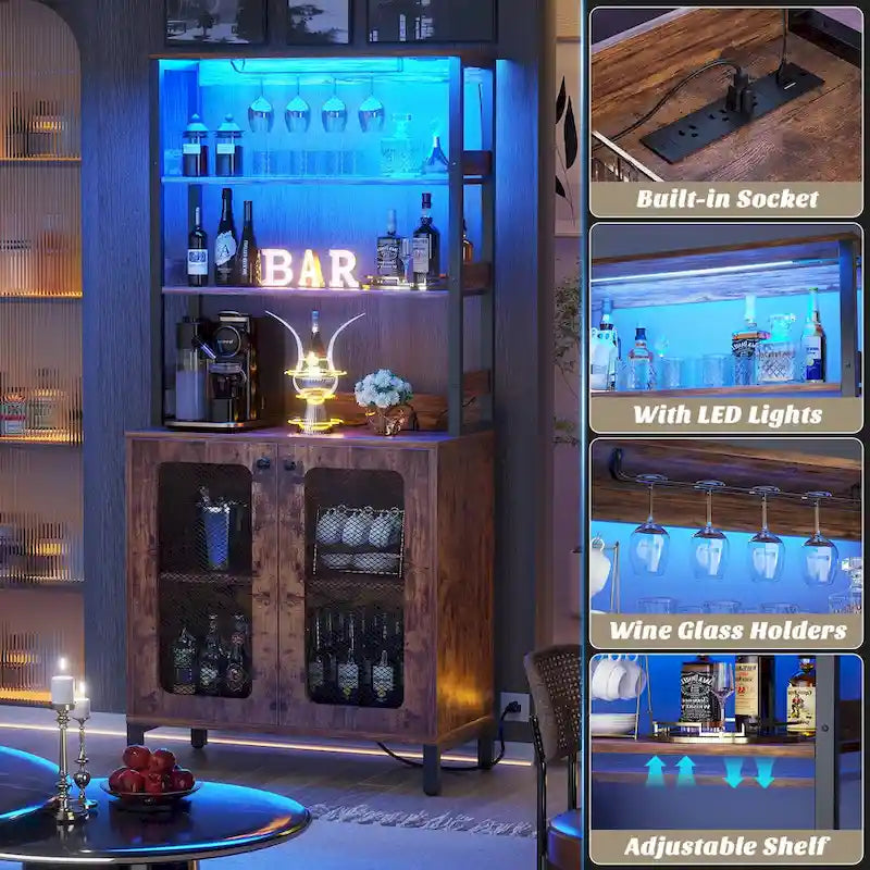 67-Inch Tall Wine Bar Cabinet with LED Lights, Glass Holder and Power Outlets