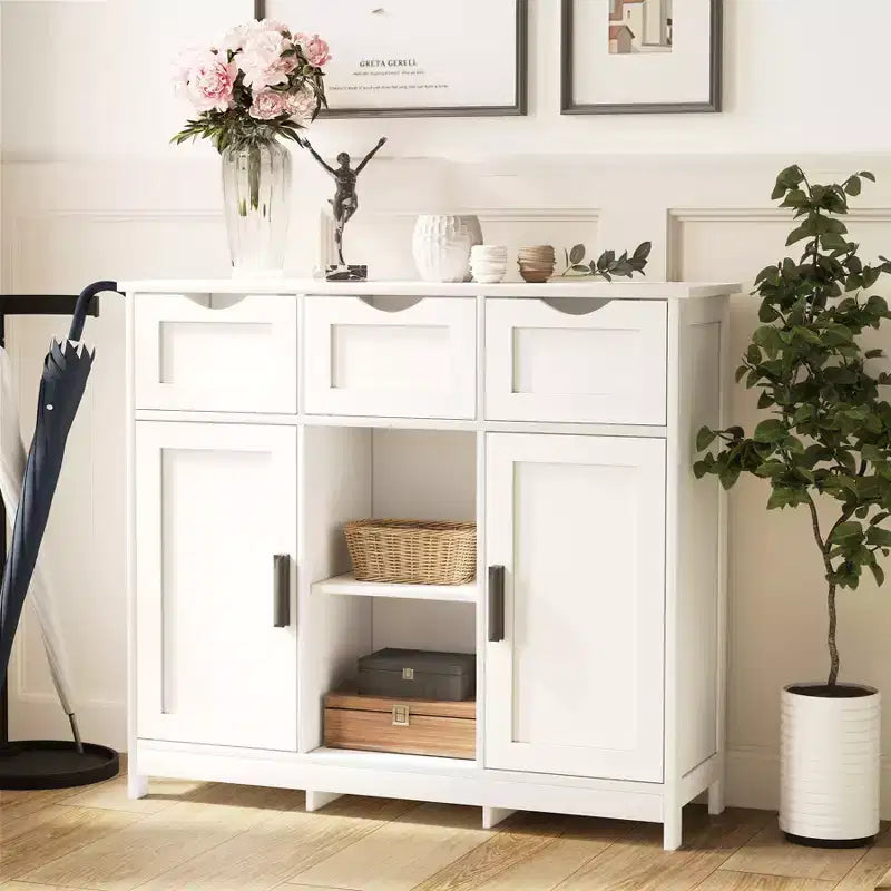 JVNOXK Floor-standing wooden storage cabinet with drawers and shelves, living room, bedroom, and bathroom furniture accent cabinet, white