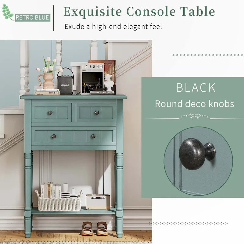 Narrow Console Table with Drawers and Bottom Shelf