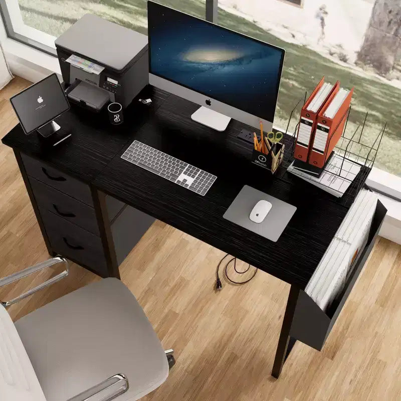 Modern Home Office Computer Desk with Drawers & Shelves, Writing Desk with Side Bag for Study & Office