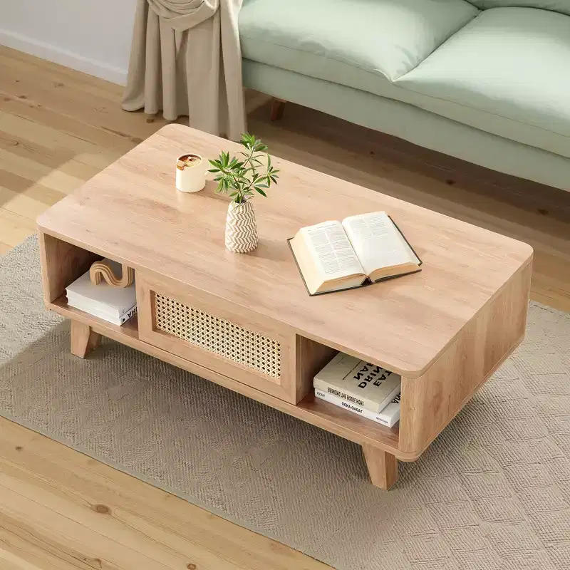 44in Natural Modern Square Wooden Coffee Table With Rattan Drawer for Living Room