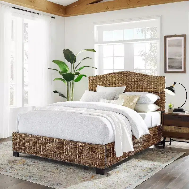 Crosley King Crosley Serena Rattan Bed Banana Leaf: Pine & Mahogany Frame, Coastal Style, 90-Day Warranty