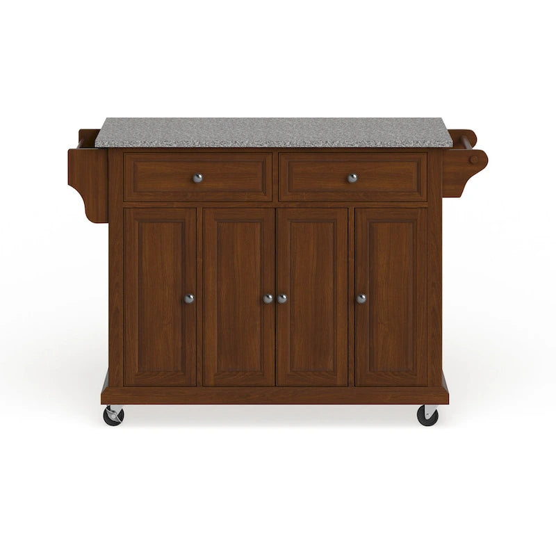 Cherry Rolling Kitchen Cart with Gray Granite Top 3 Cabinets 2 Drawers and Spice Rack