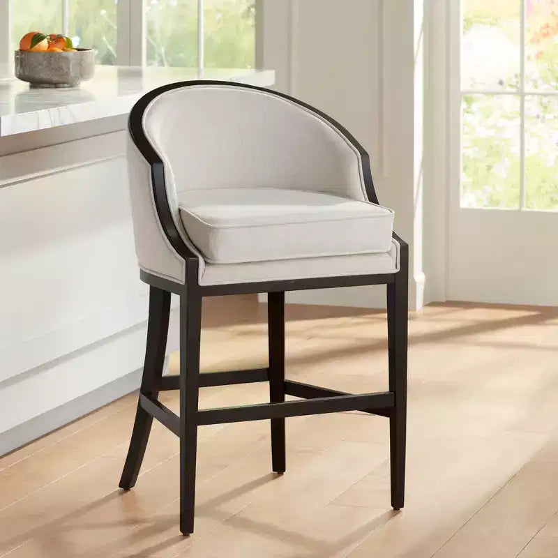 55 Downing Street Wood Bar Stool Brown 31 1/2 High Mid Century Modern Oatmeal Cushion with Backrest Footrest for Kitchen Counter Height Island House