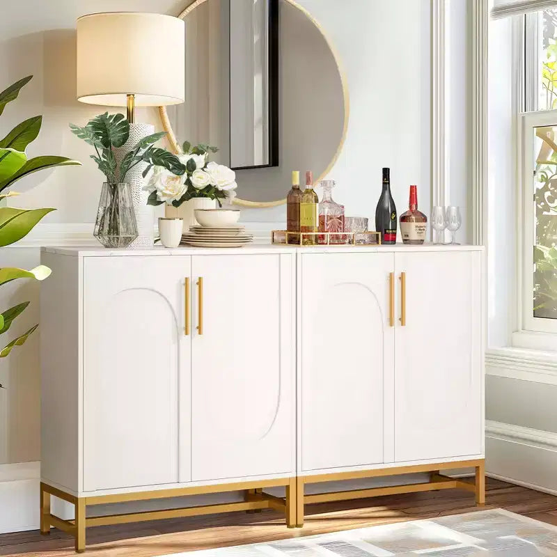 TUYOHW Modern Sideboard Buffet Cabinet with Faux Marble Top & Gold Metal Frame,4-Door Storage for Dining Room,Kitchen Coffee Bar Console