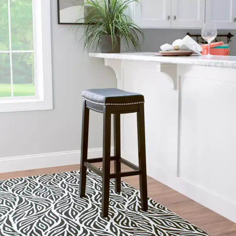 Set of 2 Faux Leather Barstools - Armless, Backless with Footrest, Fixed Height