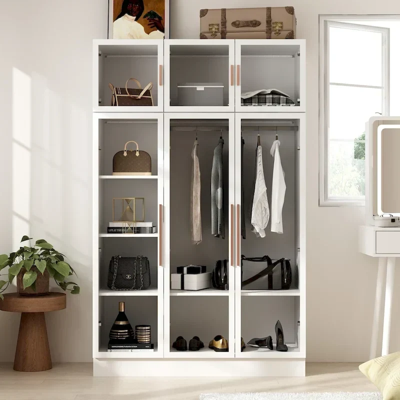 47.2 Wide Armoire LED Light All Glass Door Closet Cabinet Wardrobe