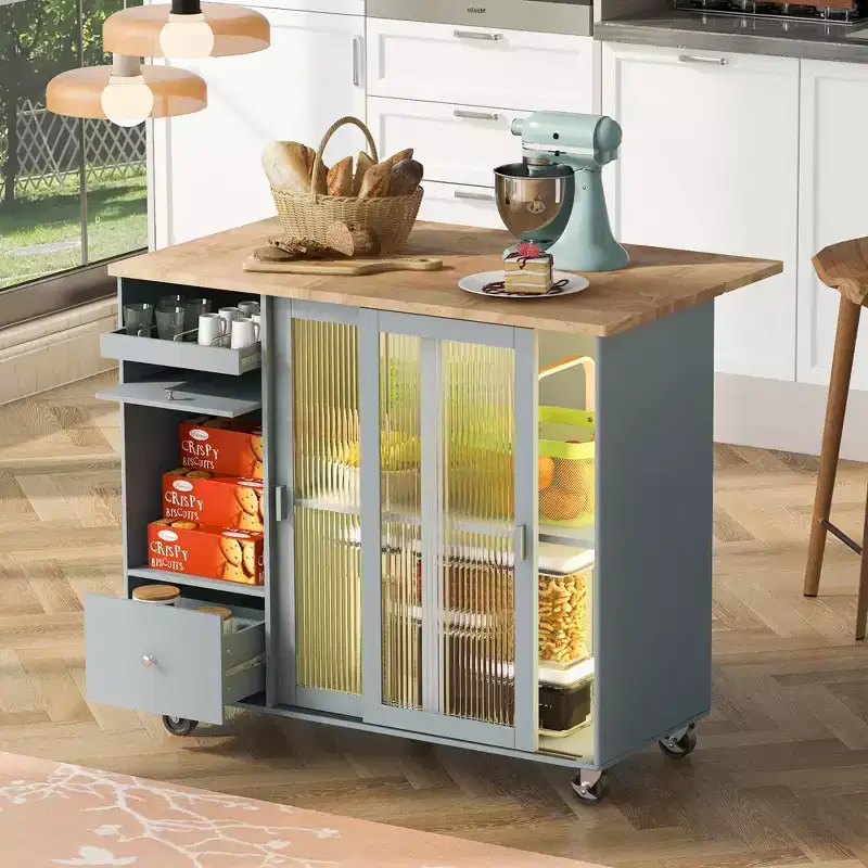 TROPOW Rolling Kitchen Island Cart with LED Light, Adjustable Shelf Kitchen Island Table with Storage 2 Drawers, Island on Wheels