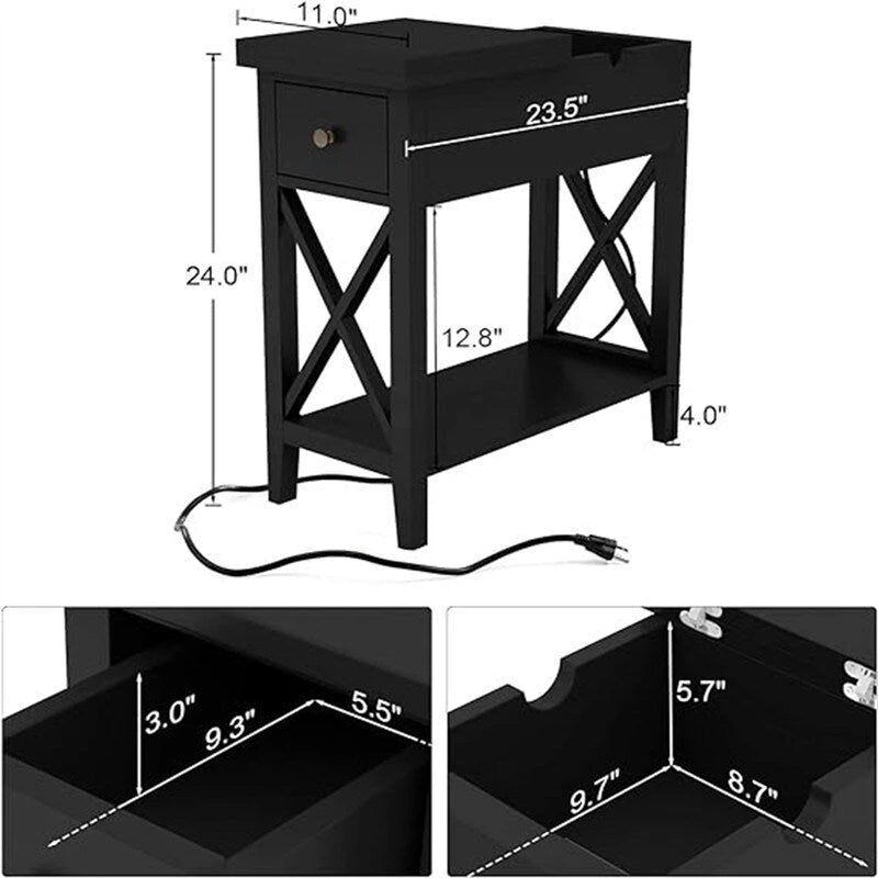 Narrow End Table with Flip Top Drawer and Charging Station