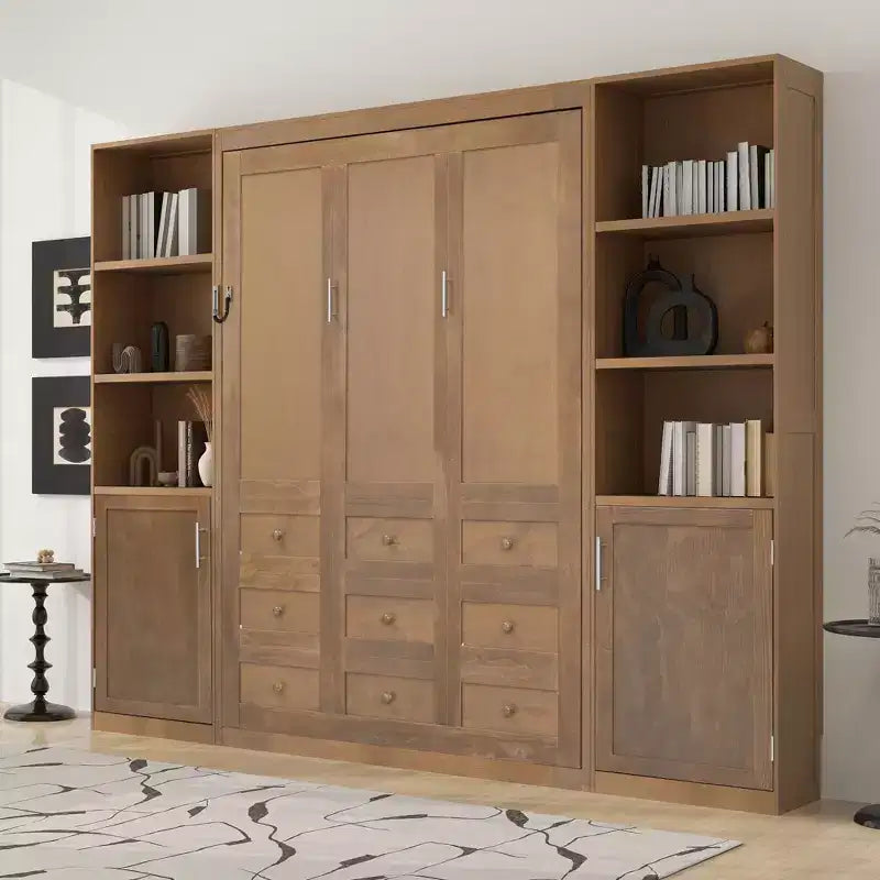 Queen Size Murphy Bed with Cabinets, Wooden Queen Cabinet Bed Wall Bed with Storage Shelves, Folding Wall Chest Bed for Bedroom Guest Room, Wood